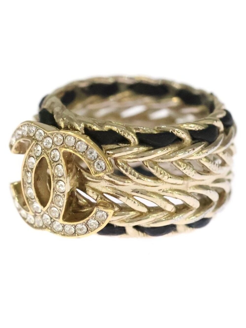 Chanel CC Logo Chain Rhinestone Leather Ring Gold